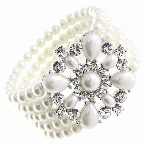 Pearl bracelet with five rows of pearls and a crystal brooch centre piece. 