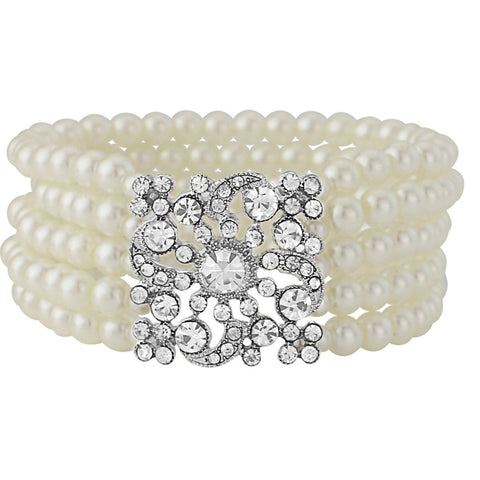 Stretch pearl bracelet made with five rows of glass ivory pearls and a crystal embellishment. 