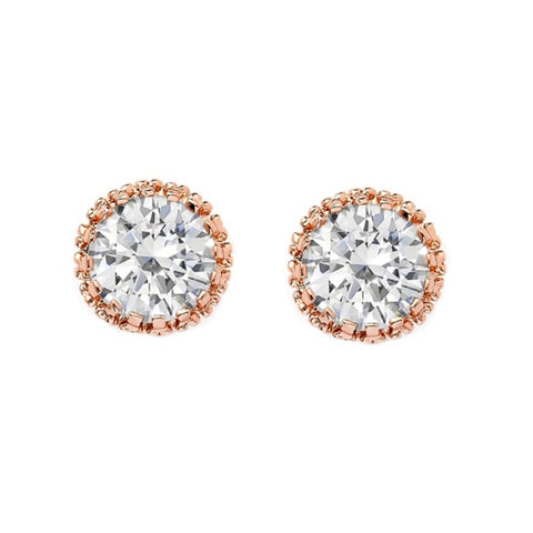 Crystal stud earrings made with clear cubic zirconia crystals and simulated ivory pearls on a rhodium plated rose gold finish, they measure 8mm round