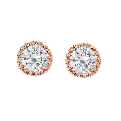 Crystal stud earrings made with clear cubic zirconia crystals and simulated ivory pearls on a rhodium plated rose gold finish, they measure 8mm round