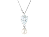 Crystal and pearl necklace with a pearl drop from a teardrop cubic zirconia crystal set on a silver rhodium finish. 