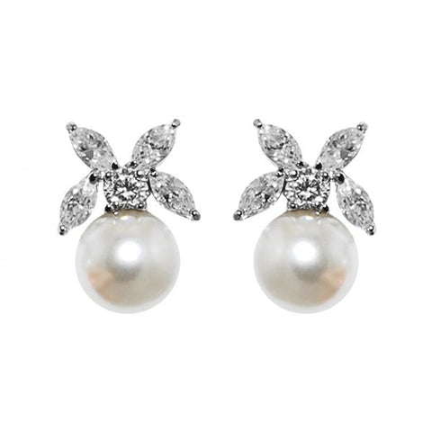 Crystal and pearl earrings made from cubic zirconia crystals on a silver tone finish