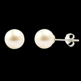 Pearl stud earrings on a silver tone finish, they measure 10mm. 
