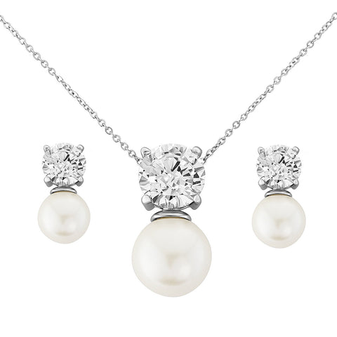 Pearl and crystal necklace and earrings set made from clear cubic zirconia crystals on a rhodium plated silver tone finish