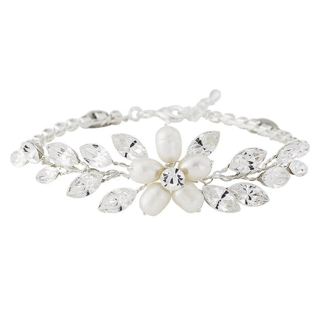 Crystal and pearl bracelet made with ivory simulated pearls, freshwater pearls and Austrian crystals plated in real silver, width 2cm