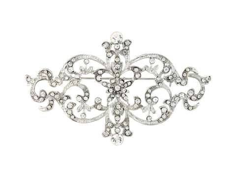 Crystal brooch on a silver tone finish inlaid with clear crystals, brooch measures 4.5cm by 2.5cm