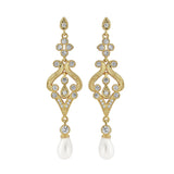Crystal and pearl chandelier earrings made from high quality clear cubic zirconia crystals on a rhodium plated gold tone finish with freshwater pearls, they have a drop of 2.5cm 